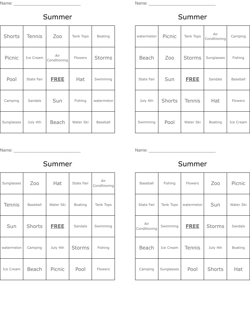Summer Bingo Cards
