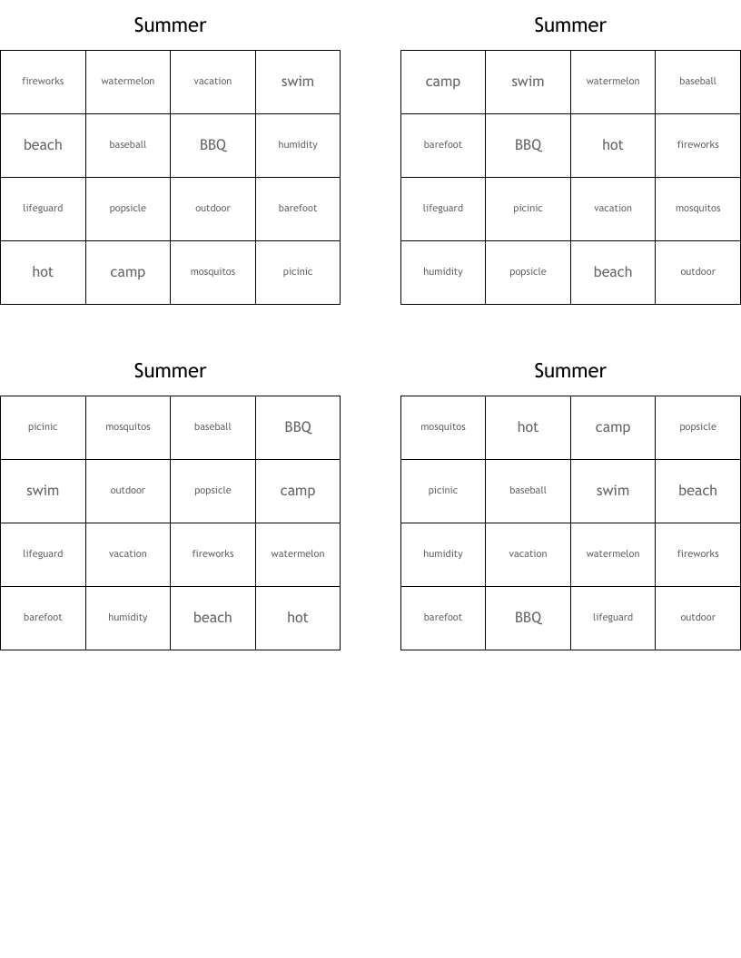 Summer Bingo Cards