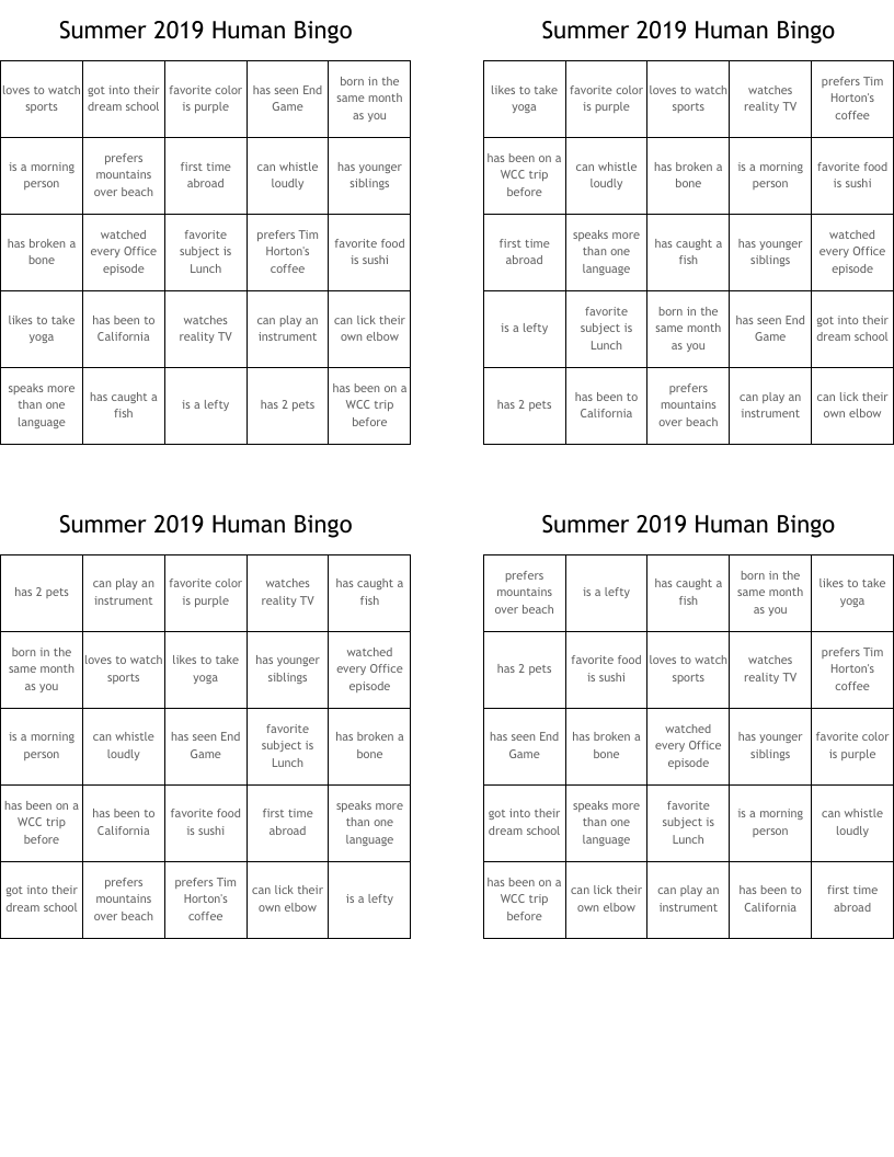 Summer 2019 Human Bingo
