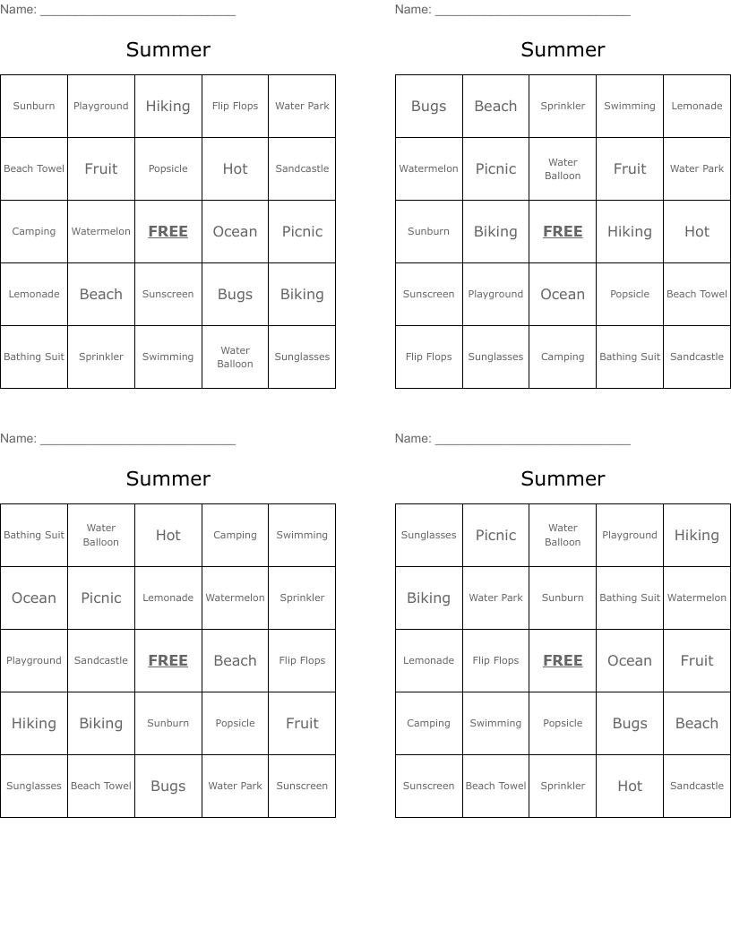 Summer Bingo Cards