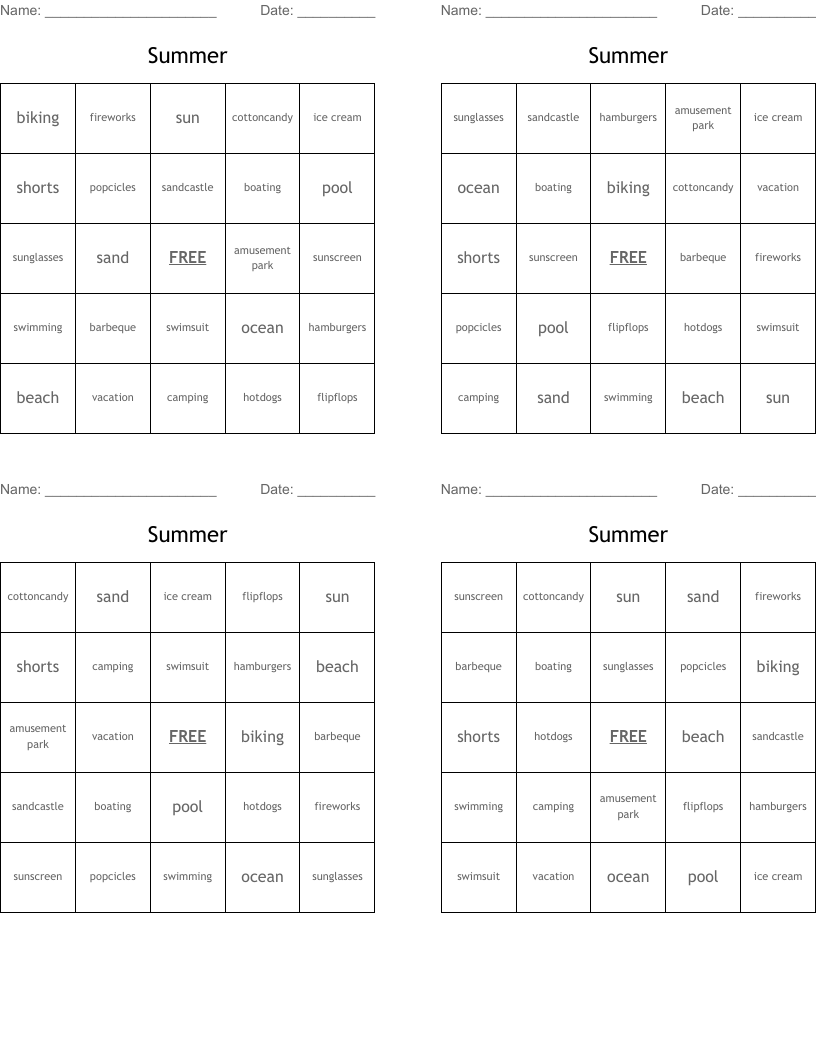 Summer Bingo Cards