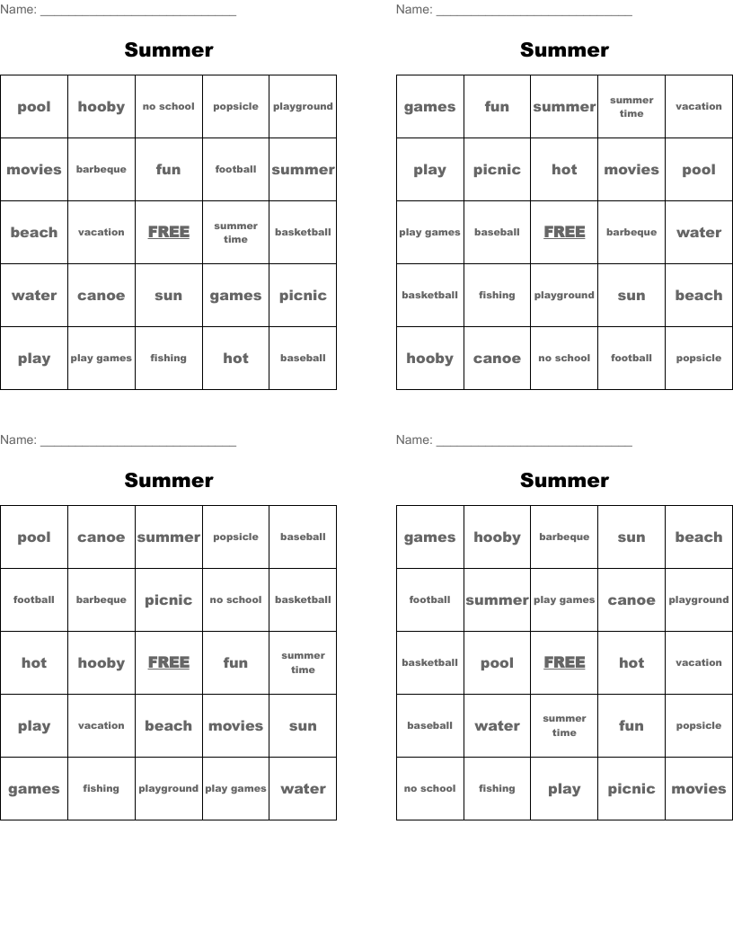 Summer Bingo Cards