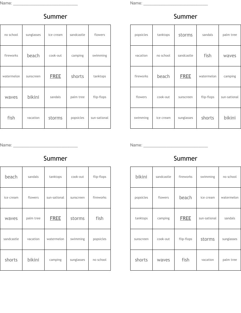 Summer Bingo Cards
