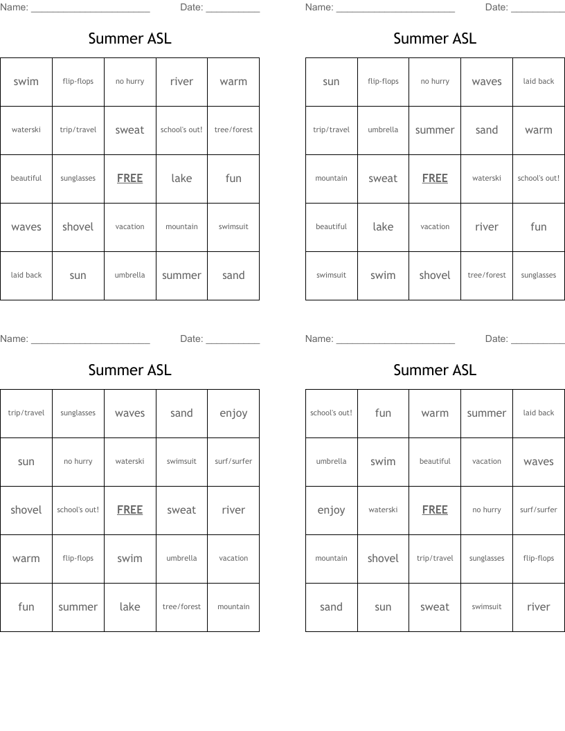 Summer ASL Bingo Cards