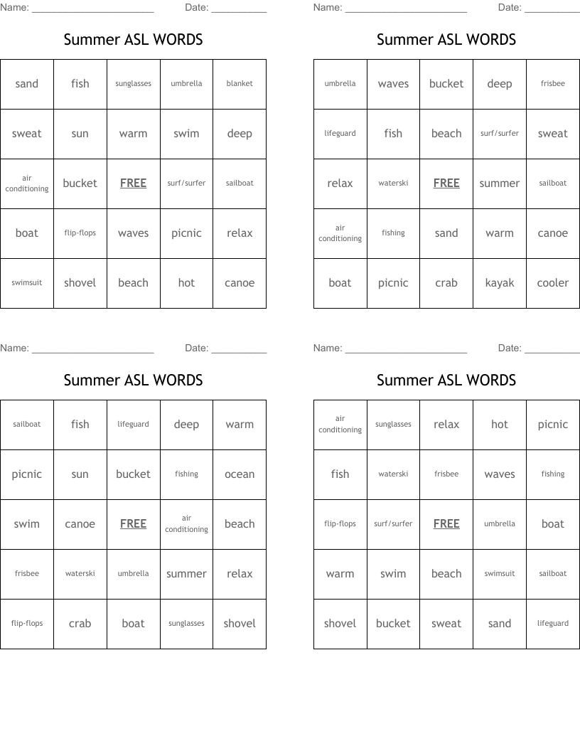 Summer ASL WORDS Bingo Cards