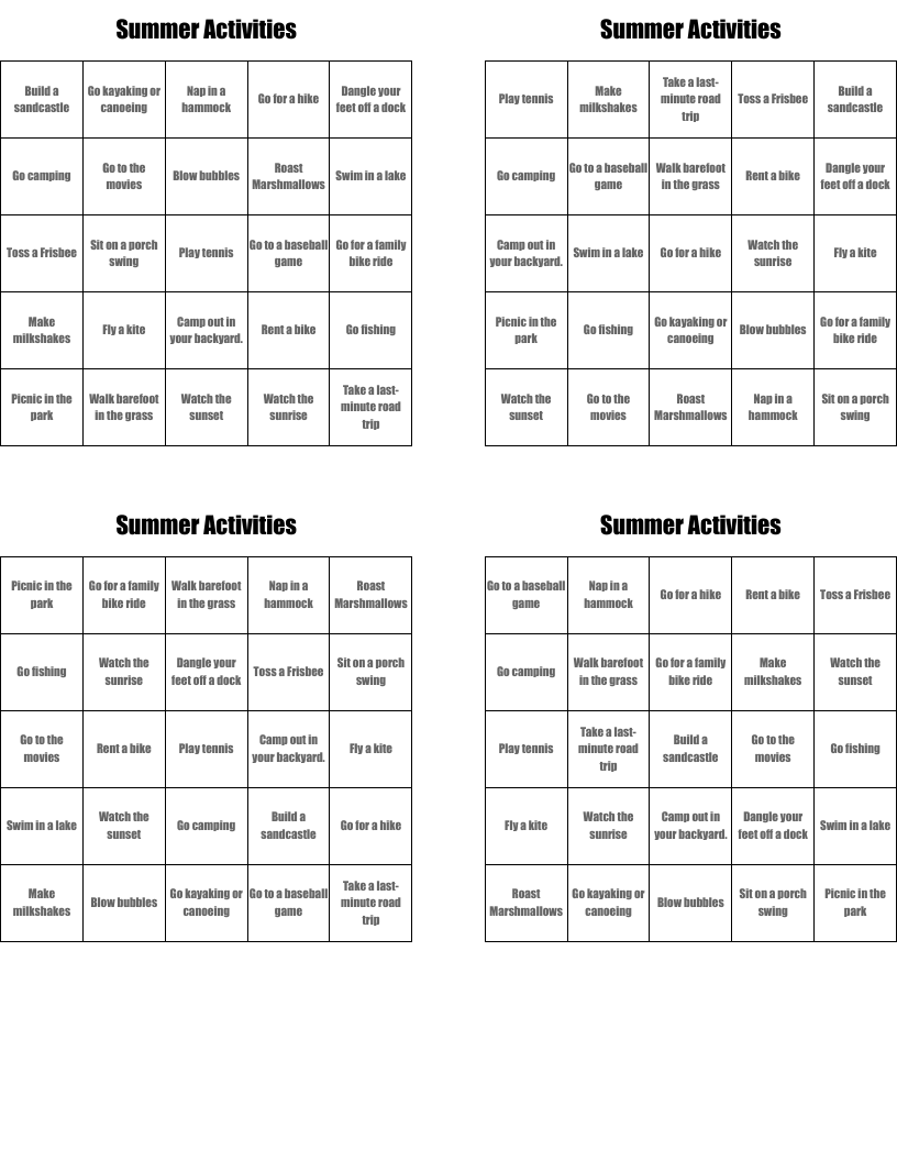 Summer Activities Bingo Cards