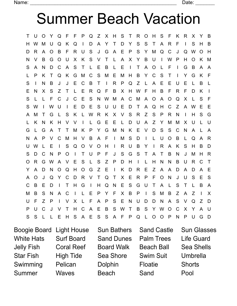 Summer Beach Vacation Word Search