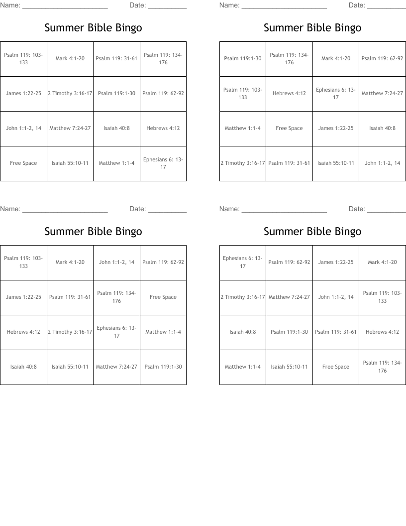 Summer Bible Bingo
