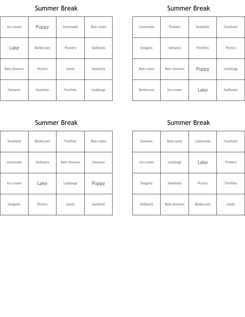 Summer Break Bingo Cards