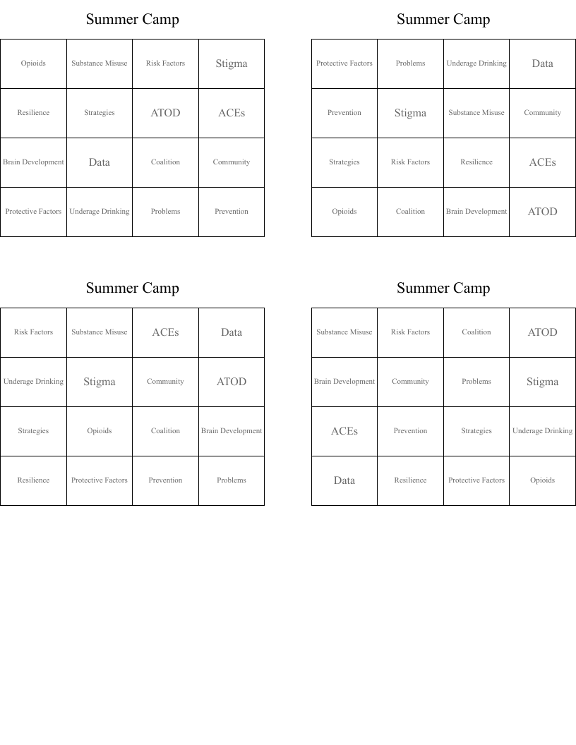 Summer Camp Bingo Cards