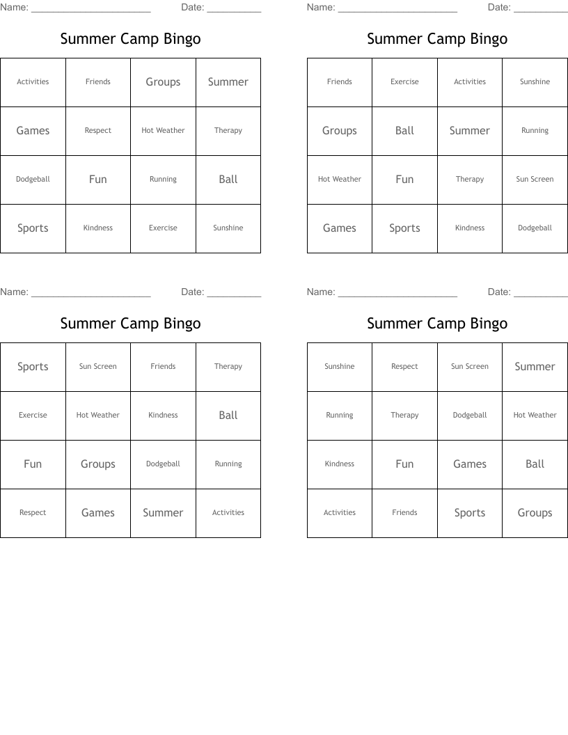 Summer Camp Bingo