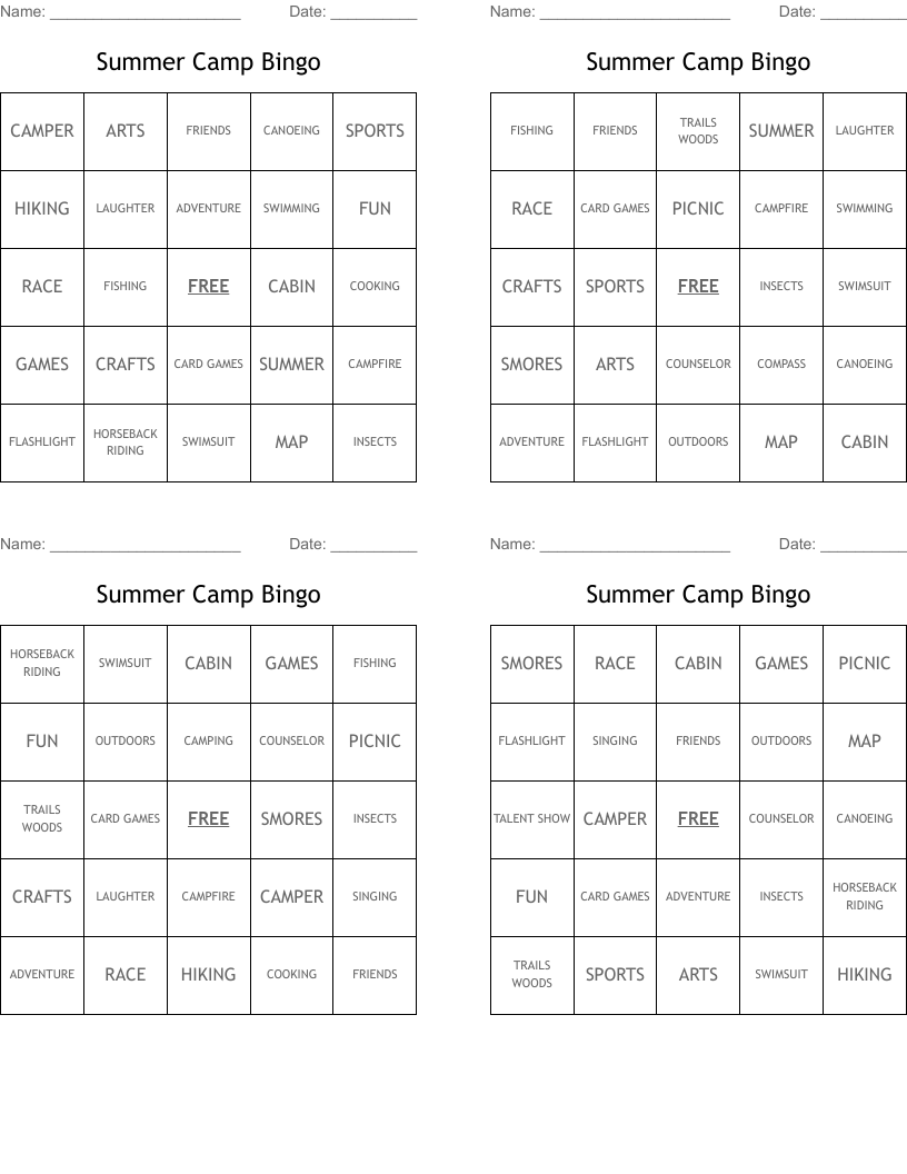 Summer Camp Bingo