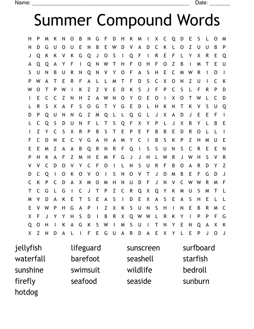 Summer Compound Words Word Search