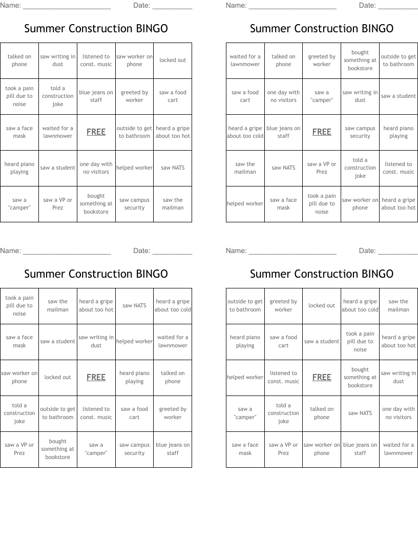 Summer Construction BINGO