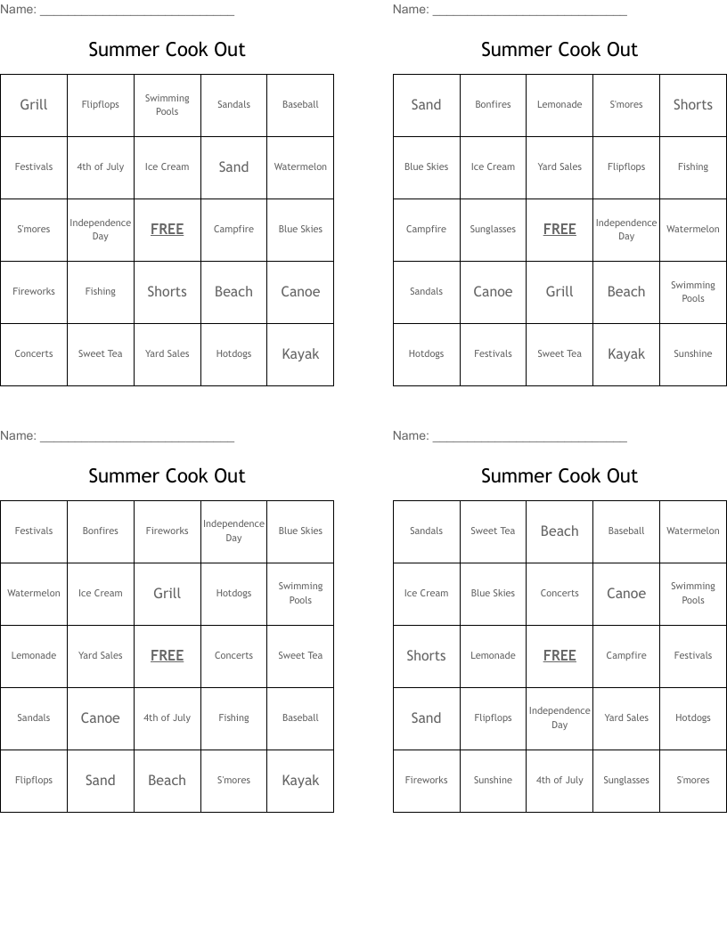 Summer Cook Out Bingo Cards