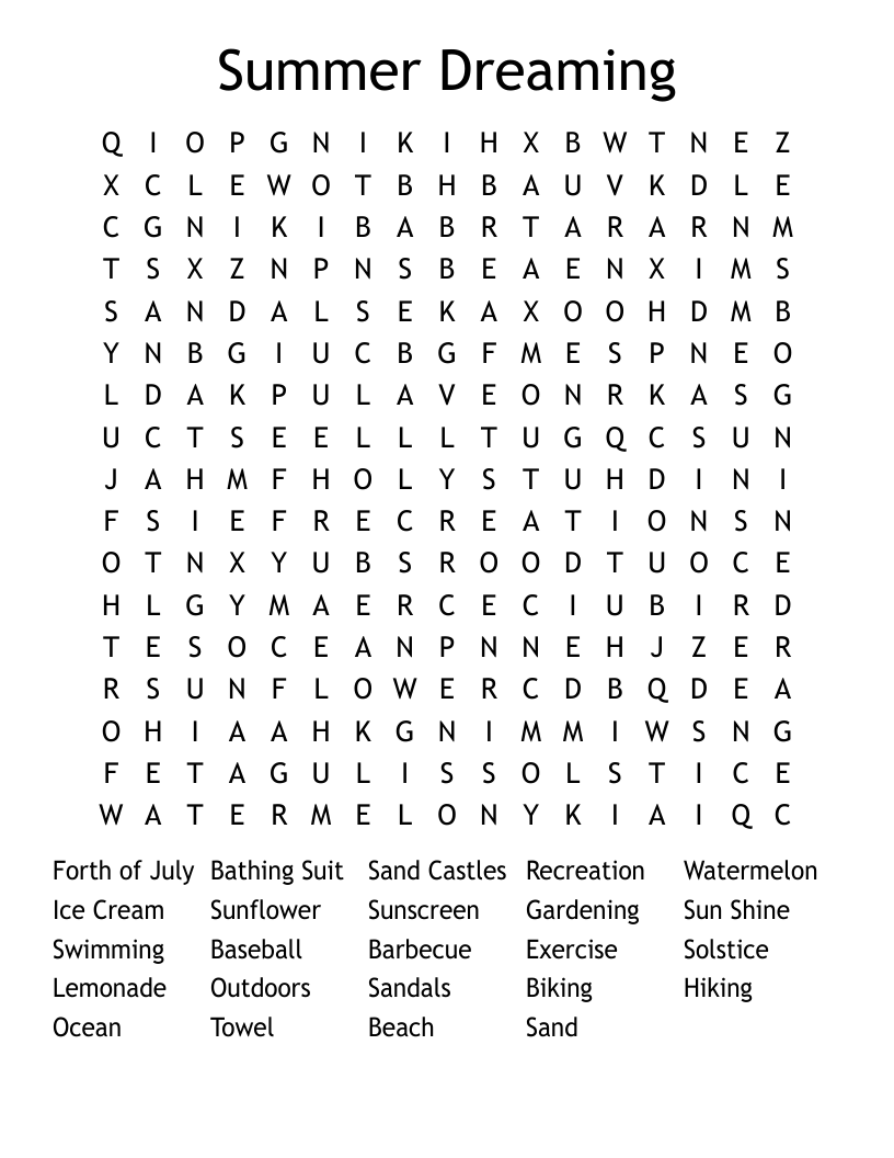 Summer Dreaming Word Search