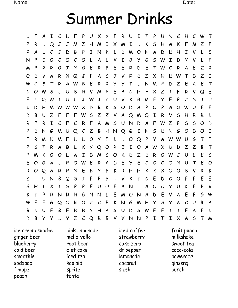 Summer Drinks Word Search