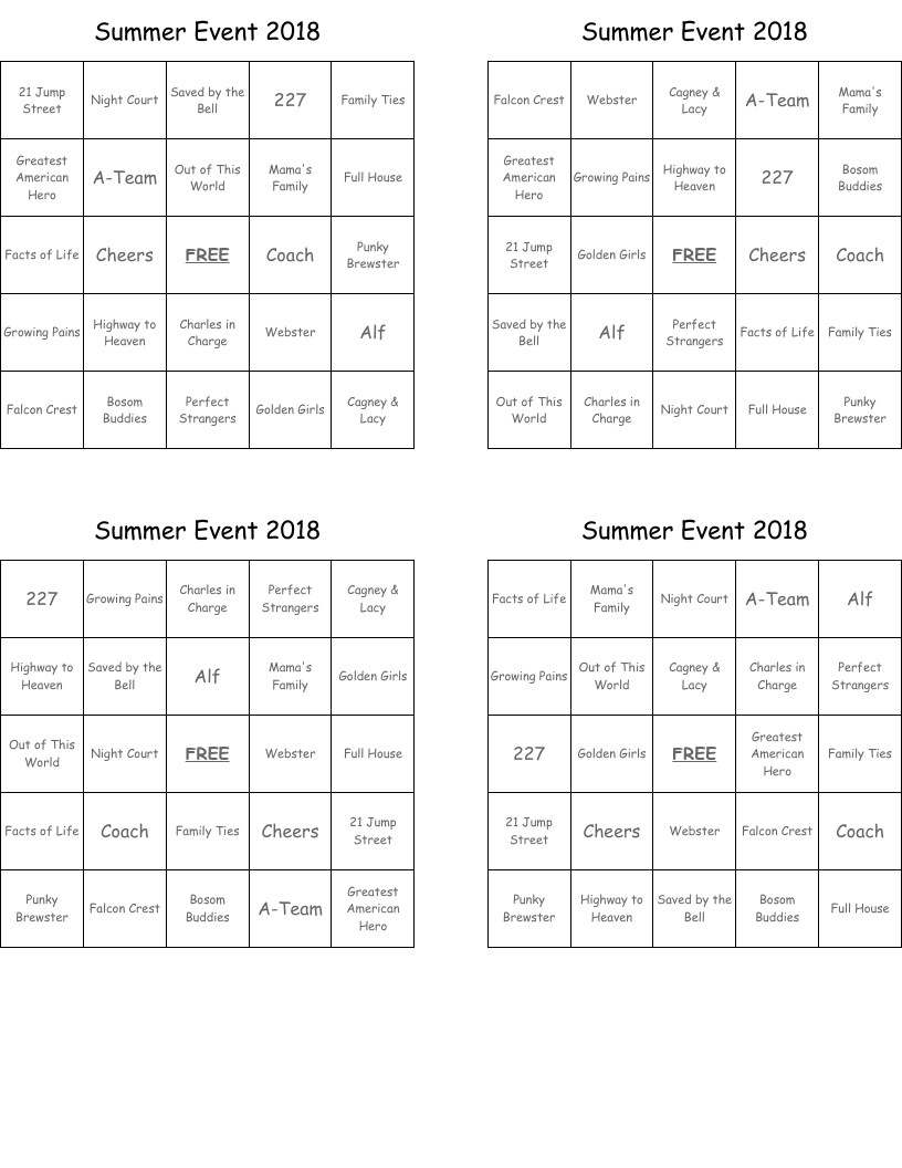 Summer Event 2018 Bingo Cards