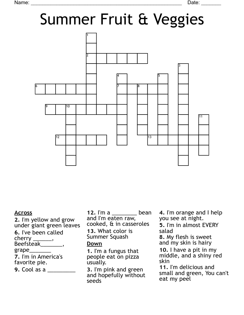 Summer Fruit & Veggies Crossword