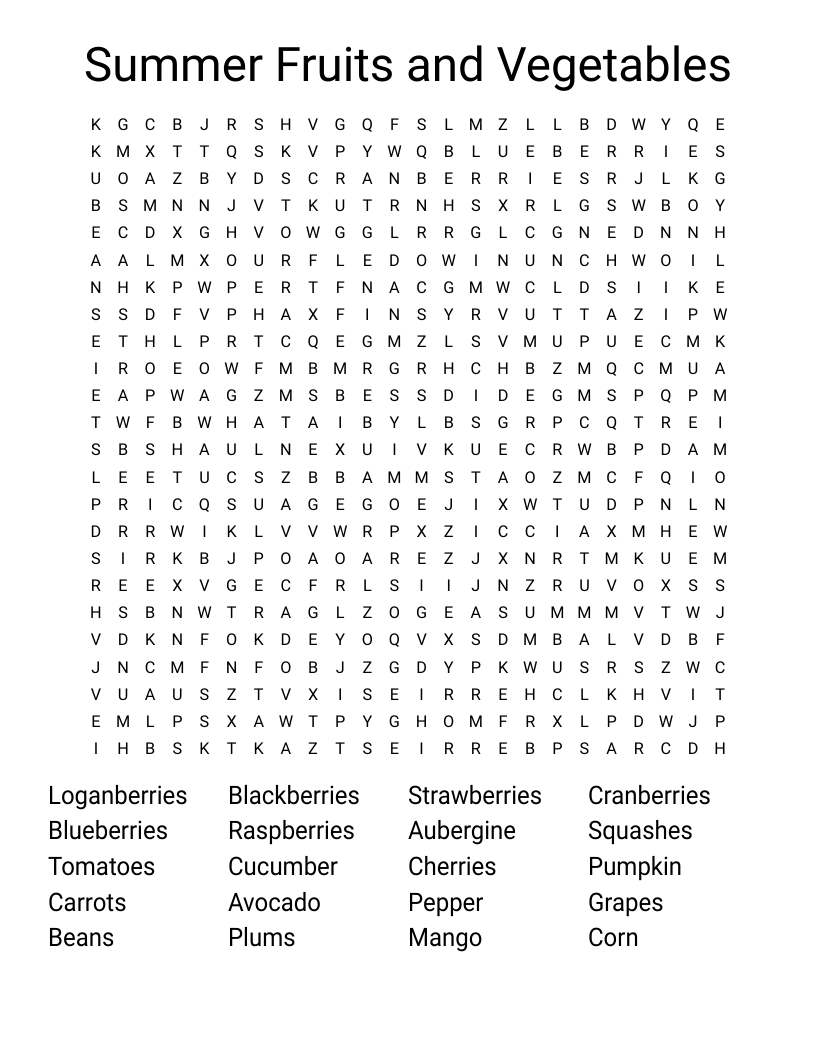 Summer Fruits and Vegetables Word Search
