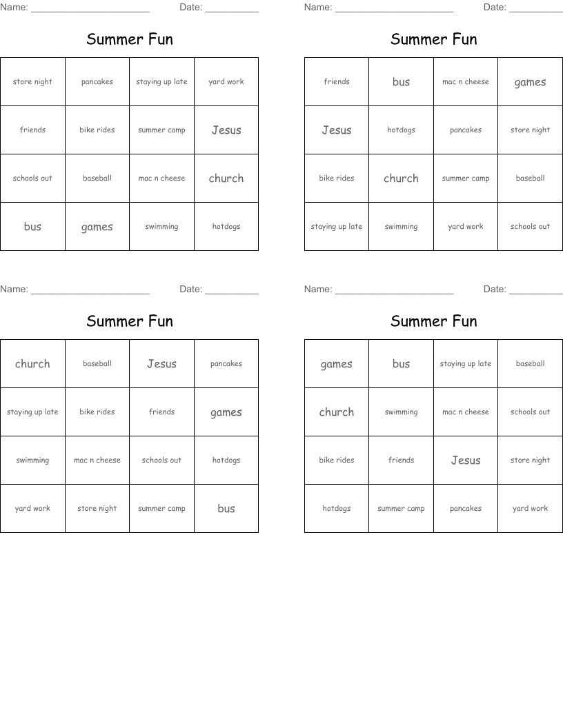 Summer Fun Bingo Cards