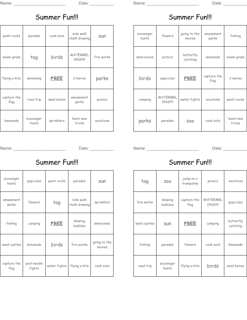 Summer Fun!!! Bingo Cards