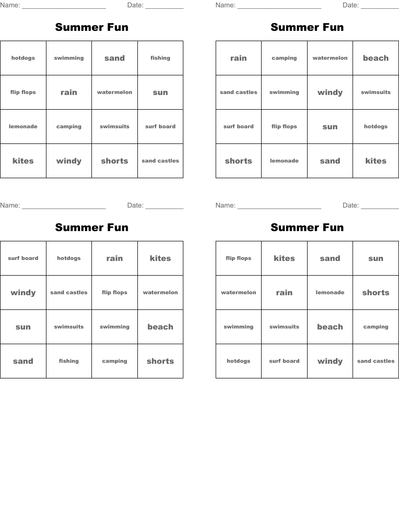 Summer Fun Bingo Cards