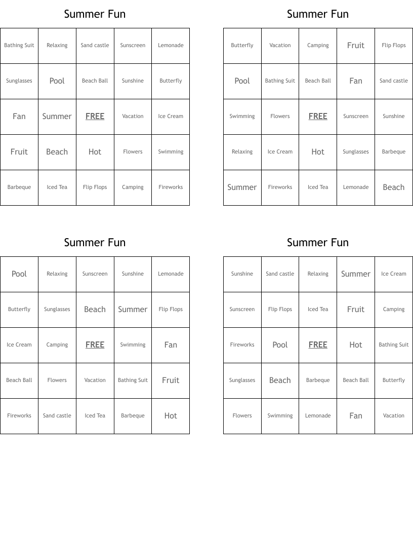 Summer Fun Bingo Cards