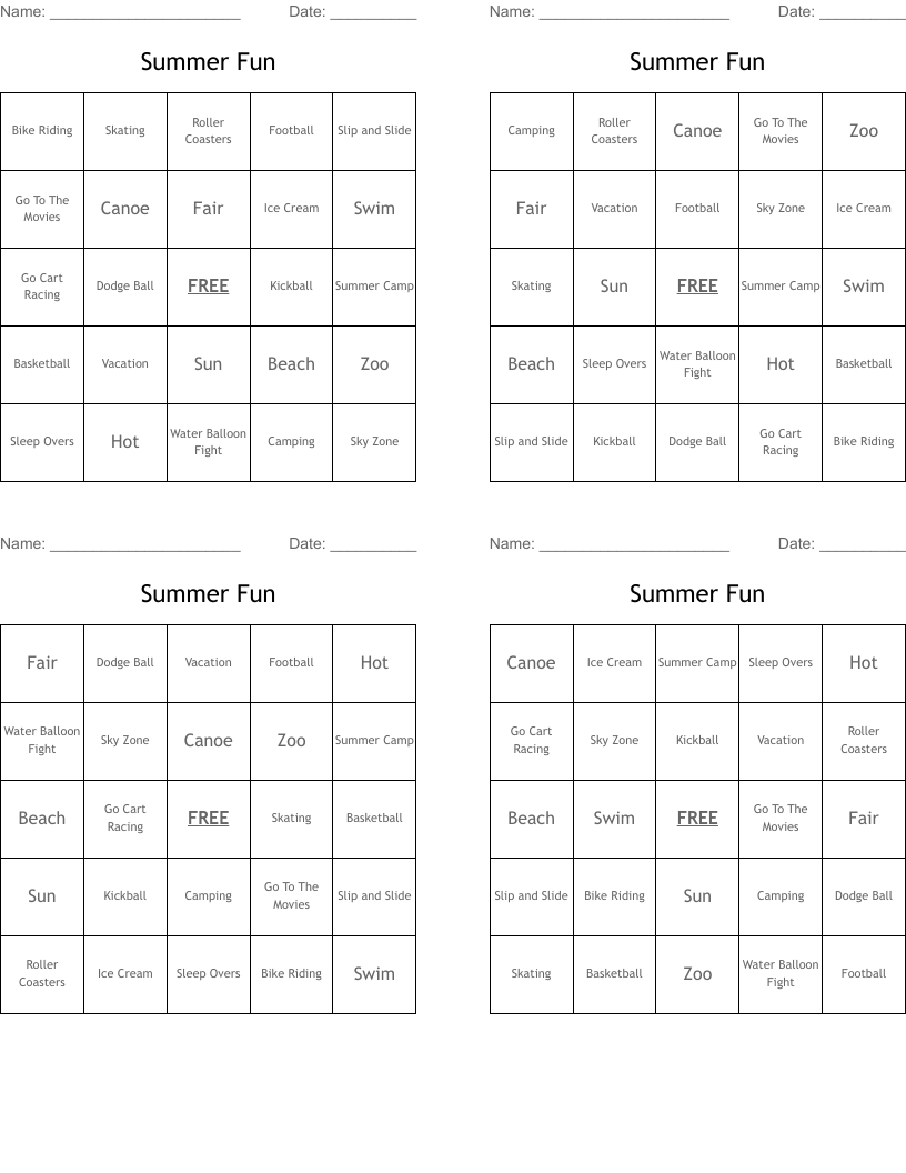 Summer Fun Bingo Cards