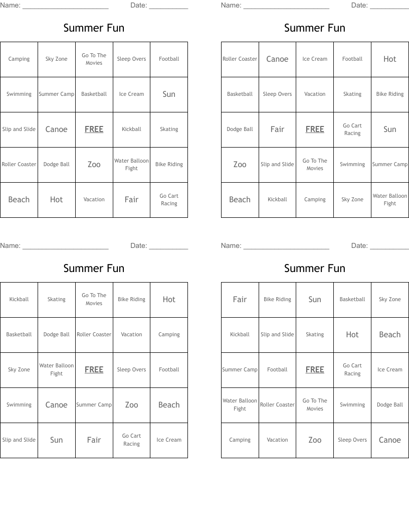 Summer Fun Bingo Cards