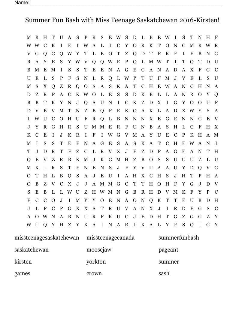 Summer Fun Bash with Miss Teenage Saskatchewan 2016-Kirsten! Word Search