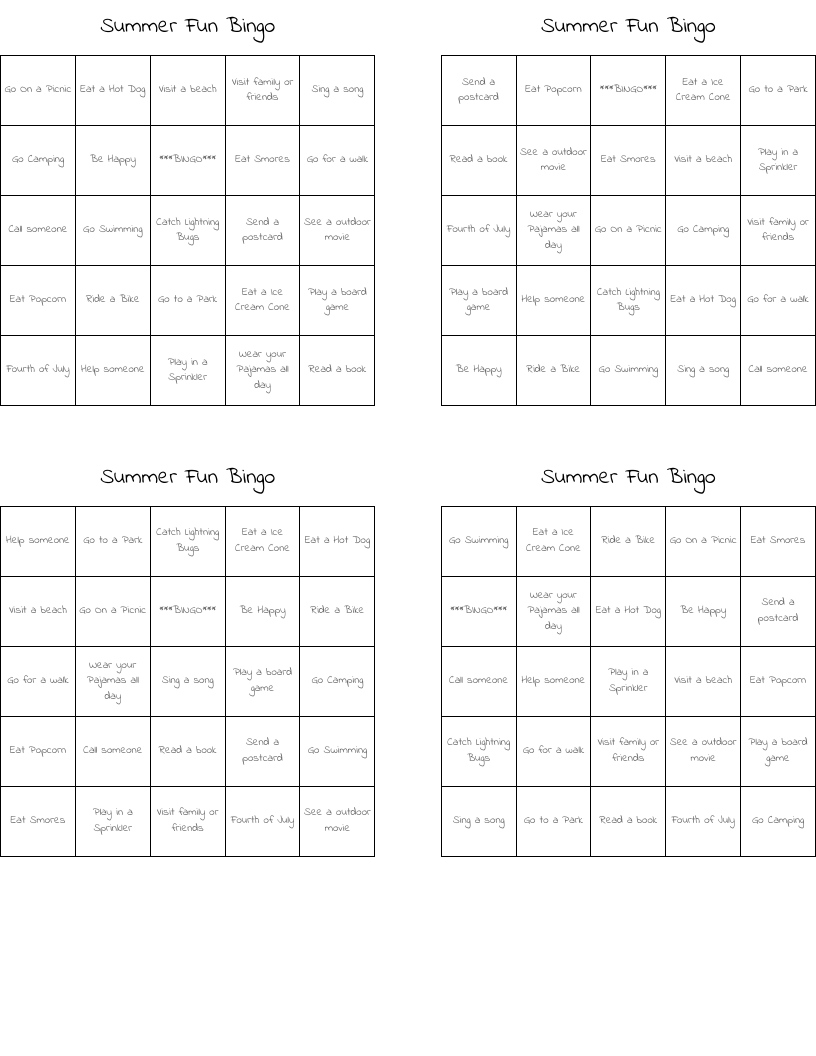 Summer Fun Bingo