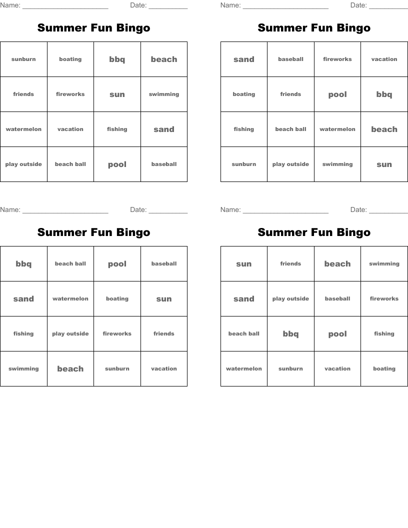 Summer Fun Bingo