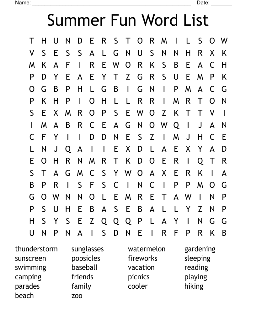 Summer Fun Word List Word Search