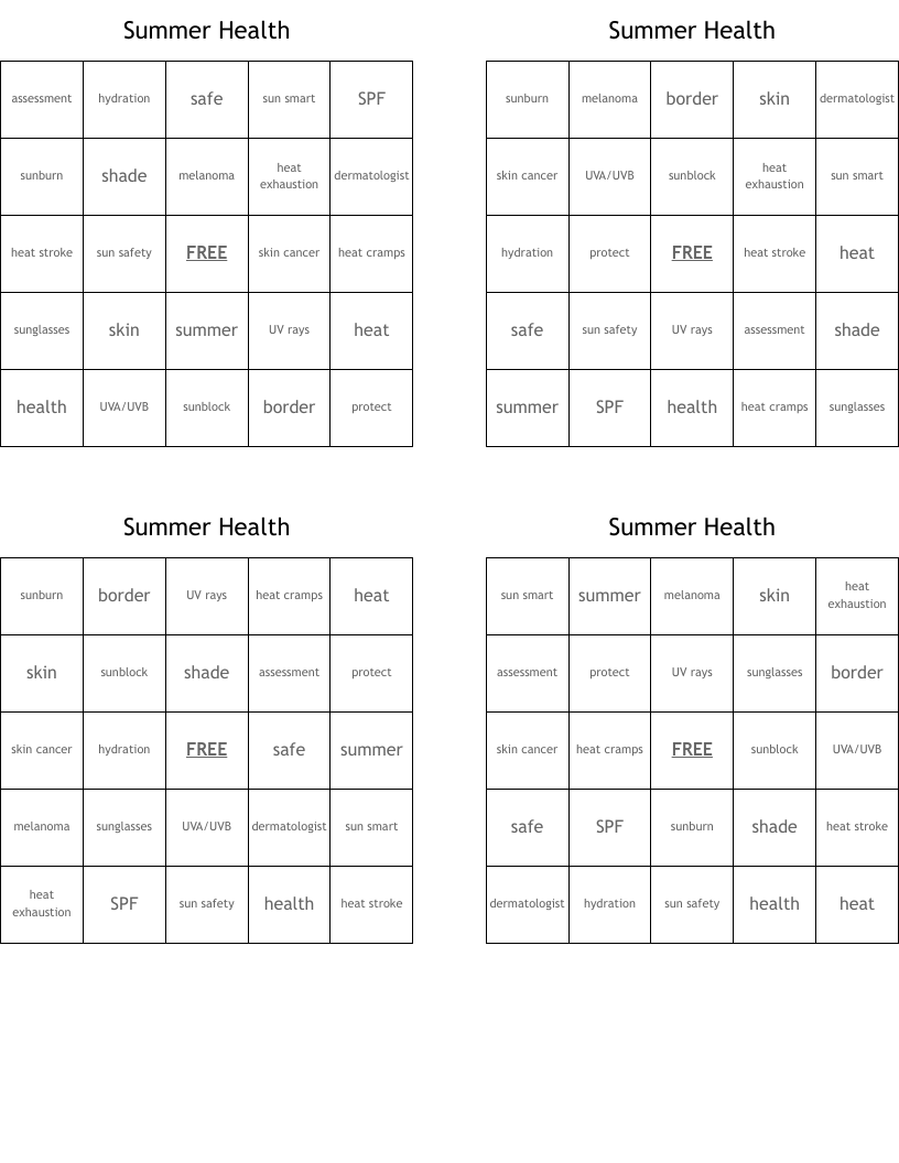 Summer Health Bingo Cards