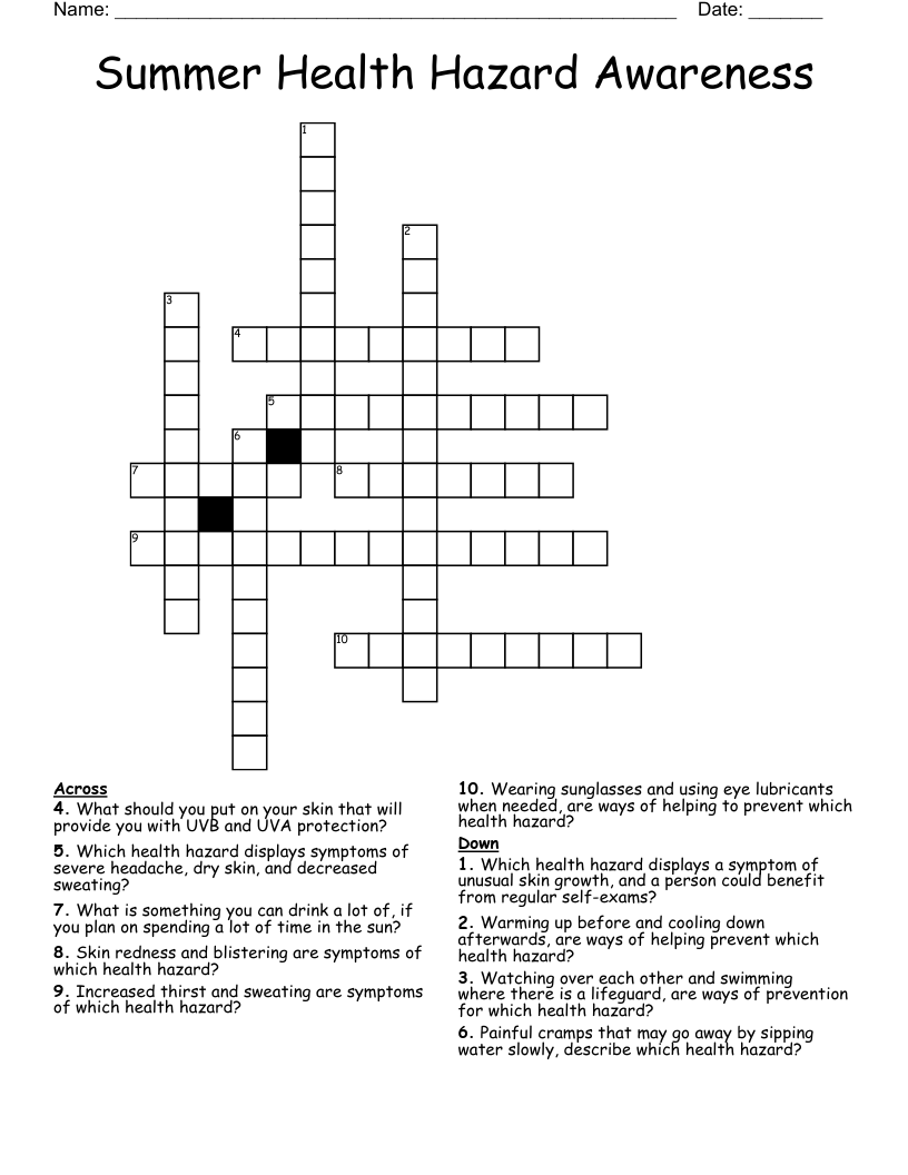 Summer Health Hazard Awareness Crossword