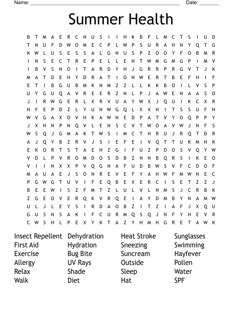 Summer Health  Word Search