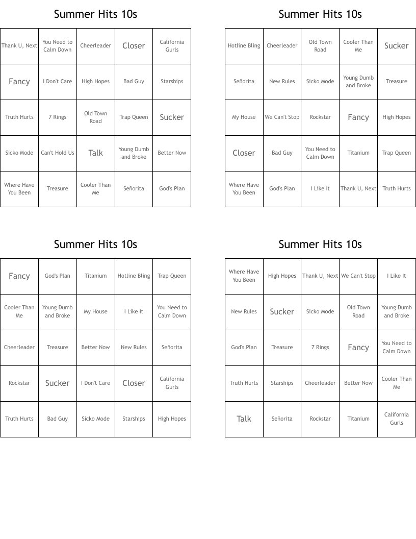 Summer Hits 10s Bingo Cards
