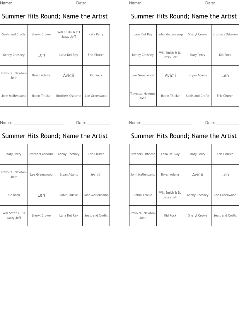 Summer Hits Round; Name the Artist Bingo Cards