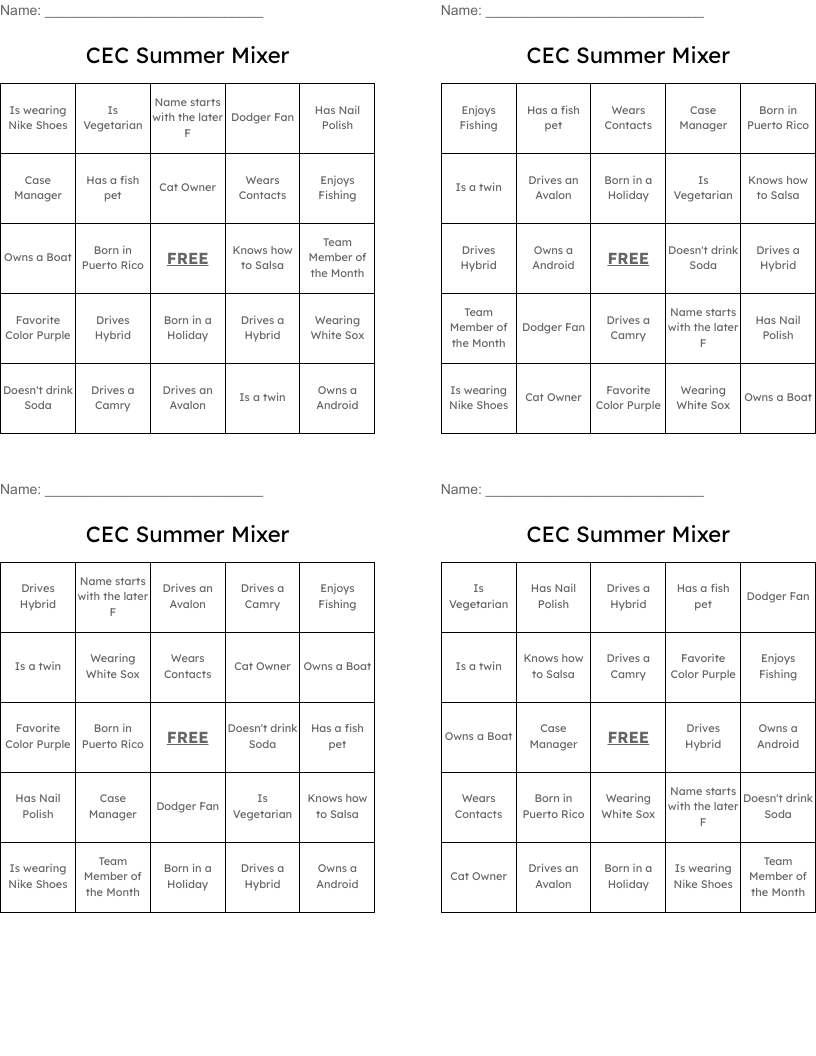 CEC Summer Mixer  Bingo Cards