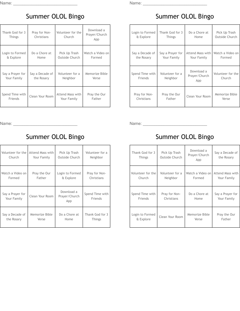 Summer OLOL Bingo 