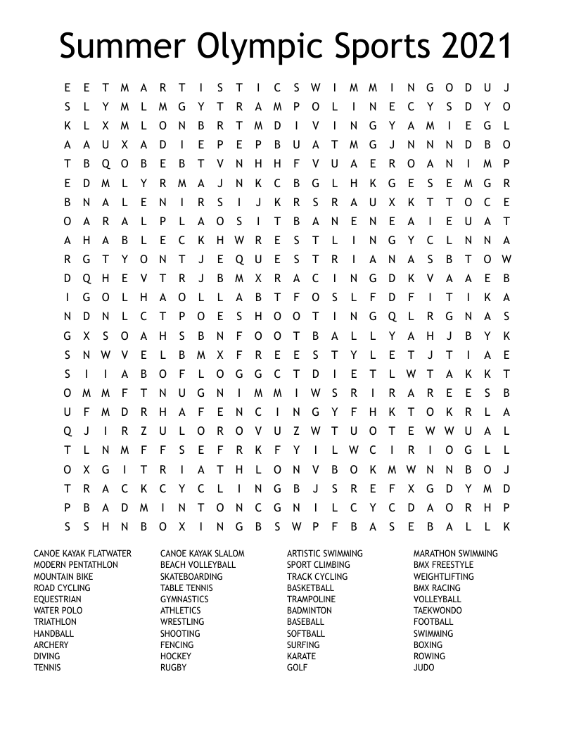Summer Olympic Sports 2021 Word Search