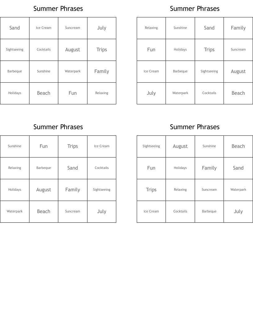Summer Phrases Bingo Cards