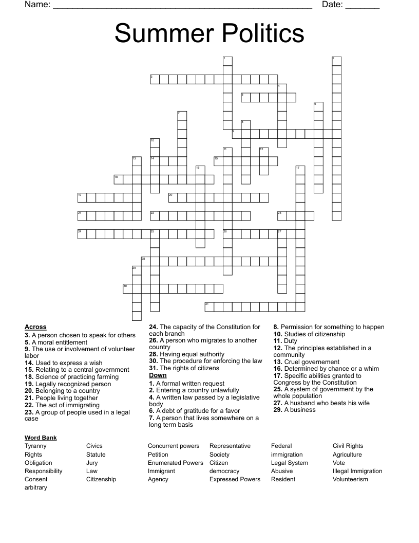 Summer Politics  Crossword