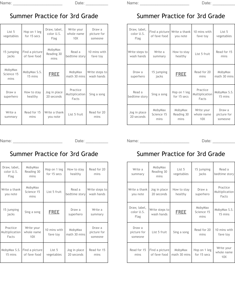 Summer Practice for 3rd Grade Bingo Cards