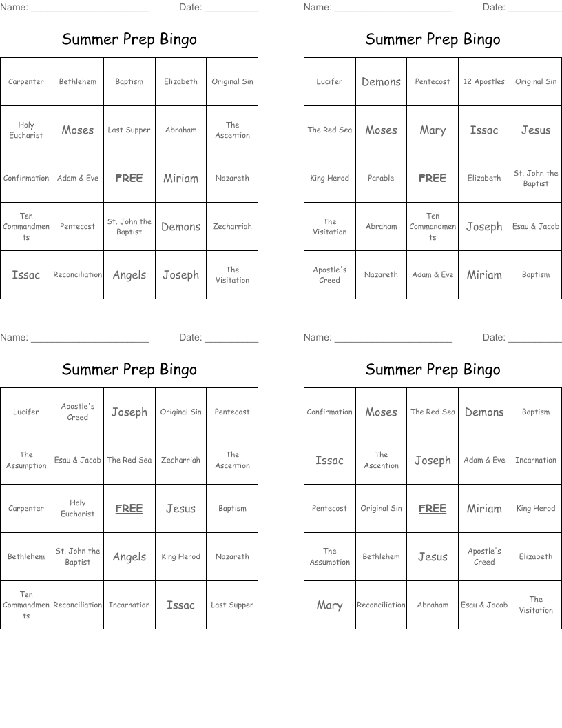 Summer Prep Bingo