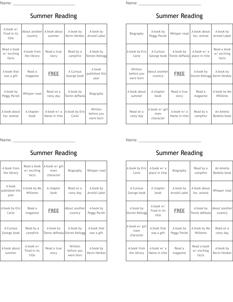 Summer Reading Bingo Cards