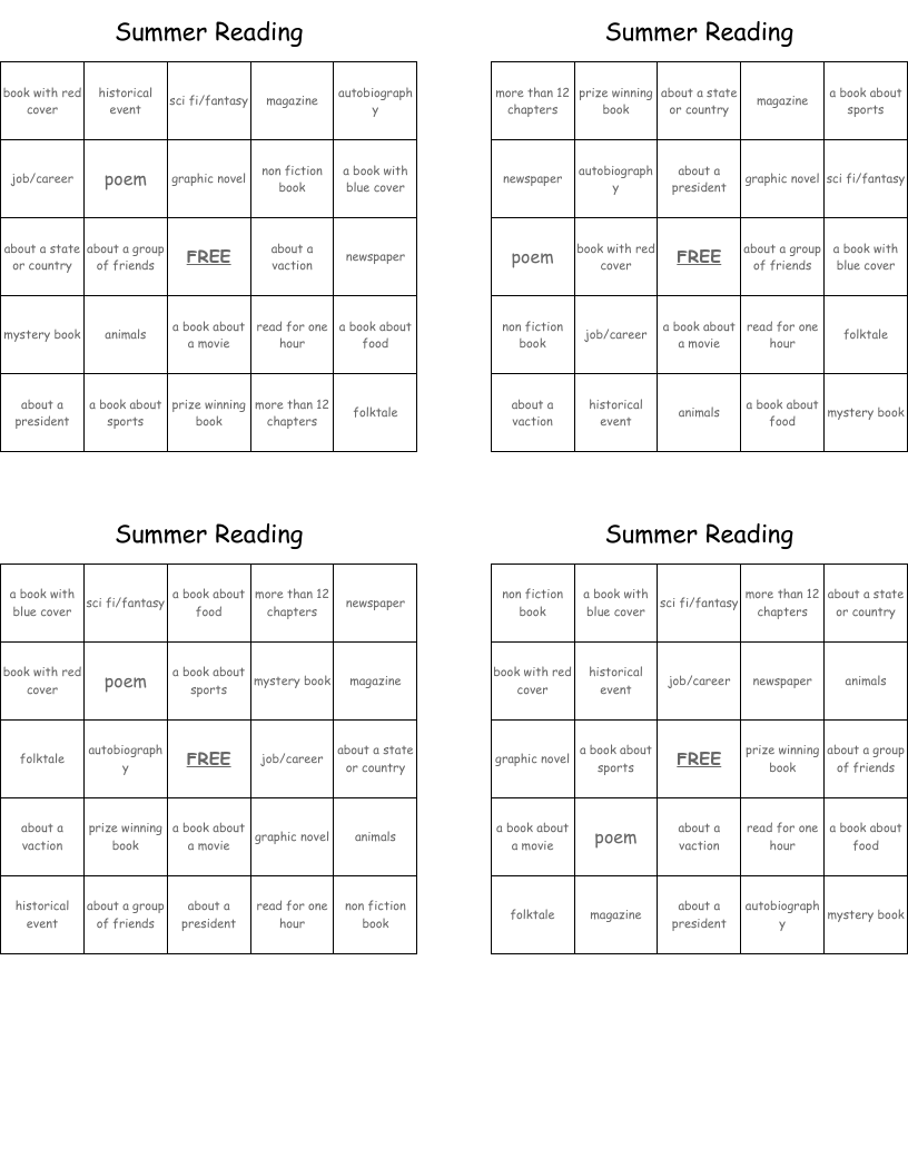 Summer Reading Bingo Cards