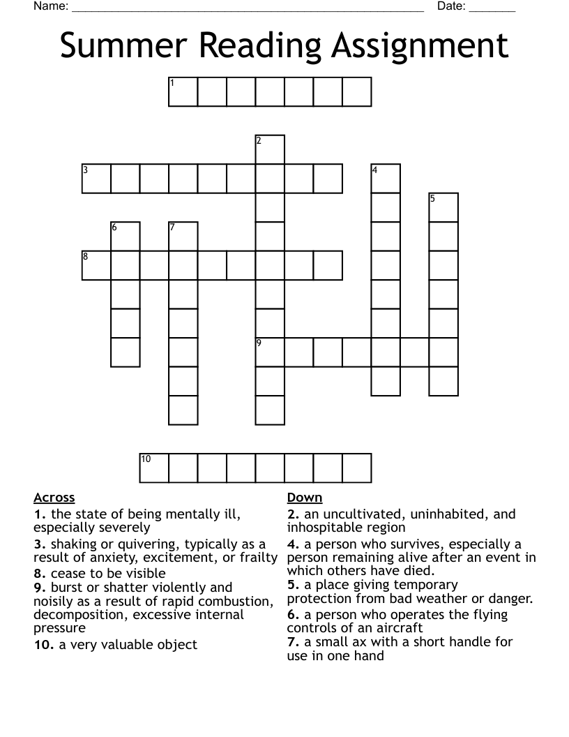 Summer Reading Assignment Crossword