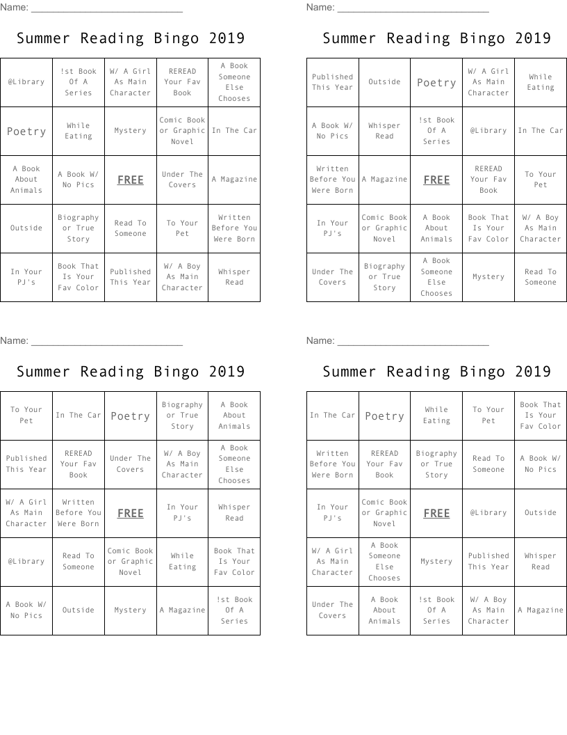 Summer Reading Bingo 2019